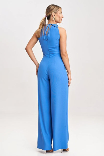 Sleeveless Jumpsuit with Wide Legs, Tied Neck, and Back Zip Closure