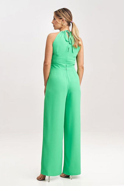 Sleeveless Jumpsuit with Wide Legs, Tied Neck, and Back Zip Closure