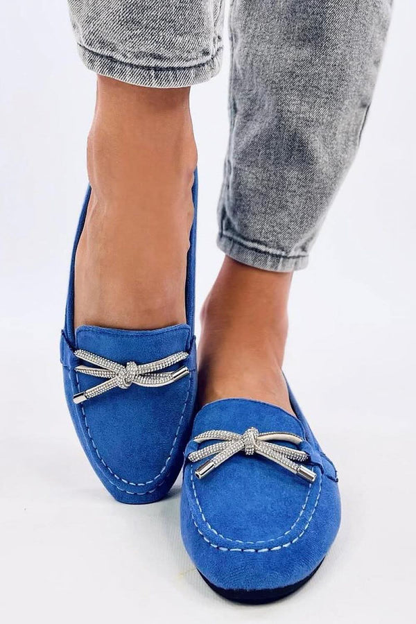 Women's Blue Suede Loafers with Bow and Rhinestones