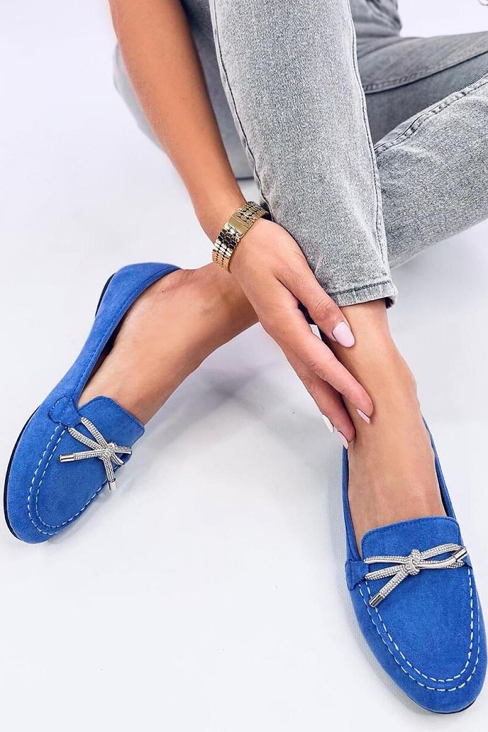 Mocassins en daim bleu pour femme avec nœud et strass