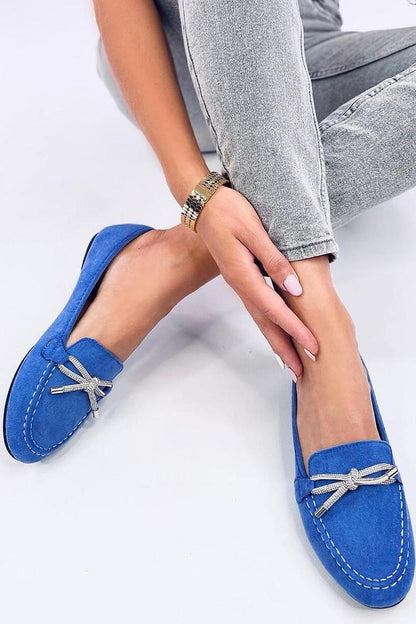 Mocassins en daim bleu pour femme avec nœud et strass