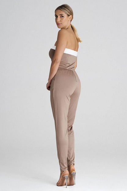 Strapless Jumpsuit with Contrasting Insert and Pleated Legs