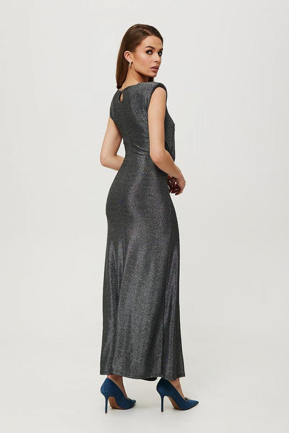 Metallic Thread Tube Dress with Draping, Shoulder Pads, and High Slit