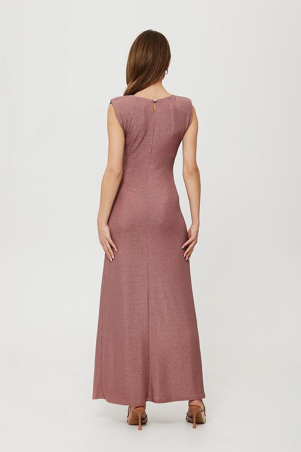 Metallic Thread Tube Dress with Draping, Shoulder Pads, and High Slit