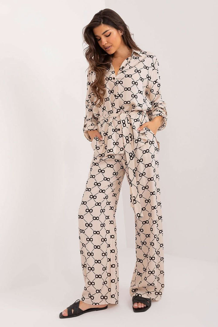 Women's Summer Shirt and Trousers Set with Waist Tie - Ludowika 