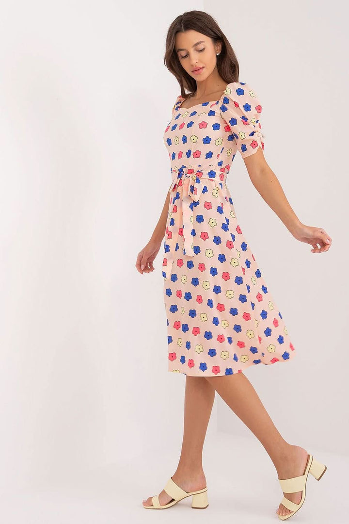 Flared Summer Youth Dress with Heart Neckline, Buff Sleeves, and Tie Belt - Ludowika 
