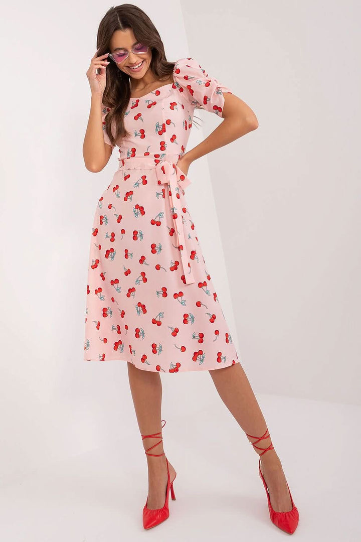 Flared Summer Youth Dress with Heart Neckline, Buff Sleeves, and Tie Belt - Ludowika 