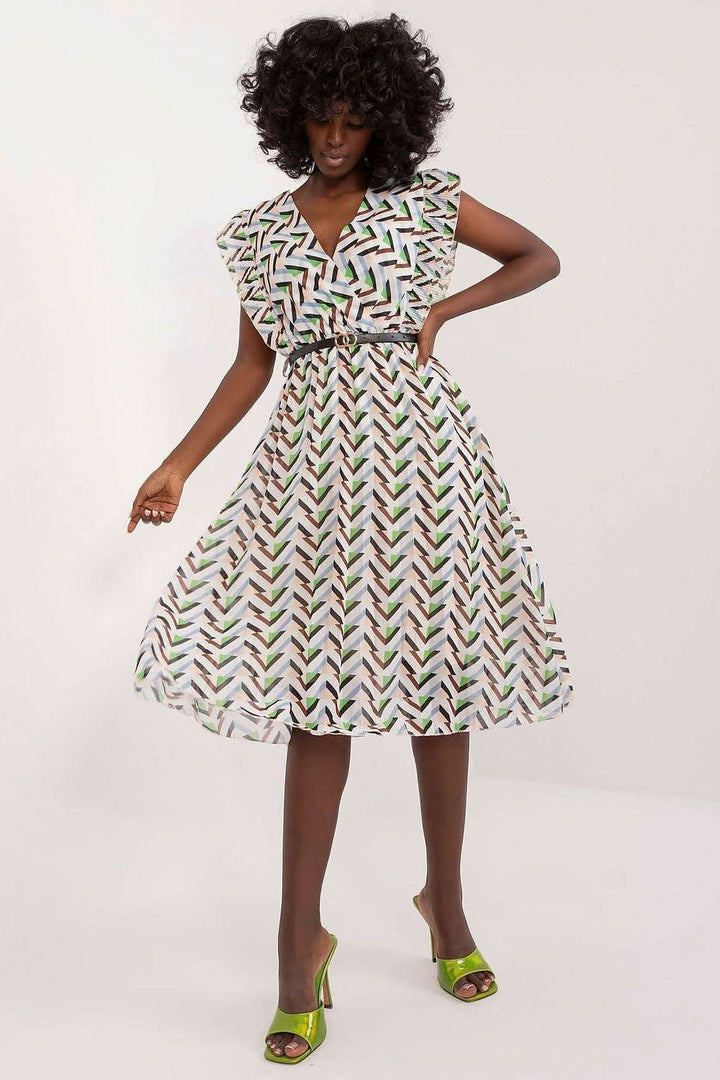 Pleated Summer Dress with Ruffle Sleeves and Waist Belt - Ludowika 