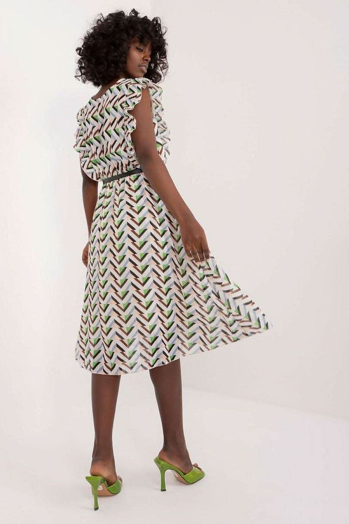 Pleated Summer Dress with Ruffle Sleeves and Waist Belt - Ludowika 