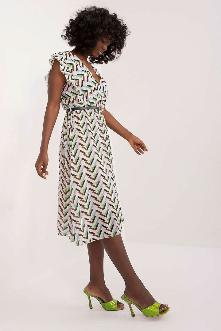 Pleated Summer Dress with Ruffle Sleeves and Waist Belt - Ludowika 