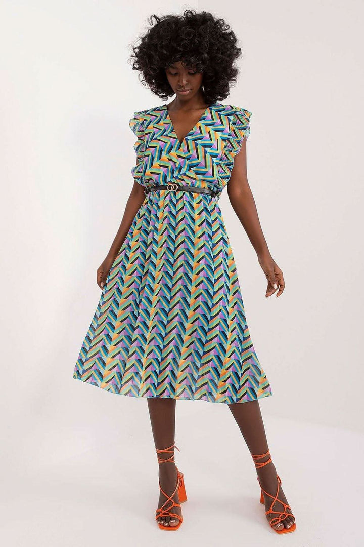 Pleated Summer Dress with Ruffle Sleeves and Waist Belt - Ludowika 