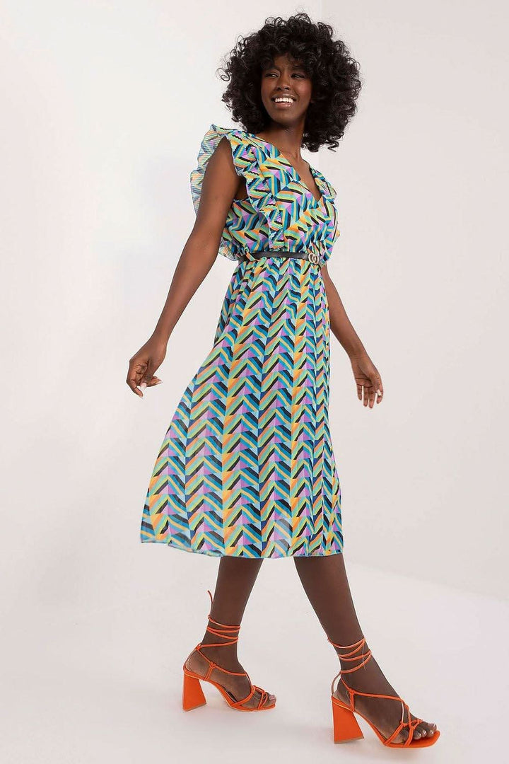 Pleated Summer Dress with Ruffle Sleeves and Waist Belt - Ludowika 