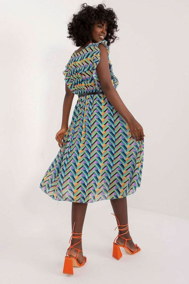 Pleated Summer Dress with Ruffle Sleeves and Waist Belt - Ludowika 