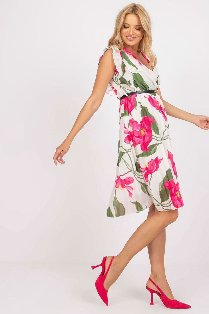 Pleated Summer Dress with Ruffle Sleeves and Waist Belt - Ludowika 