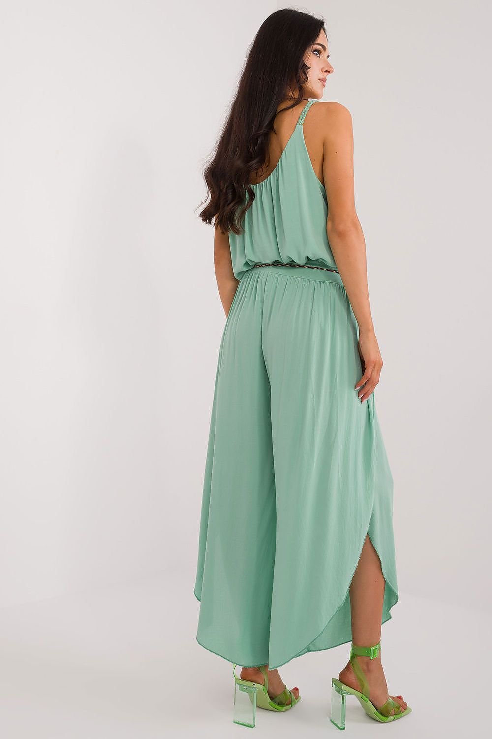 High-Waisted Boho-Style Seamed Pants with Wide Legs and Waist Tie