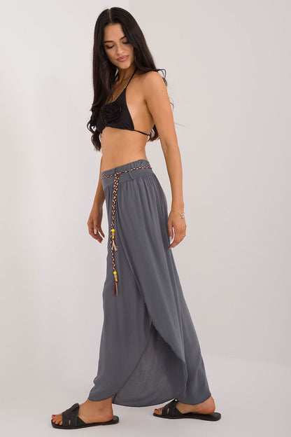 High-Waisted Boho-Style Seamed Pants with Wide Legs and Waist Tie