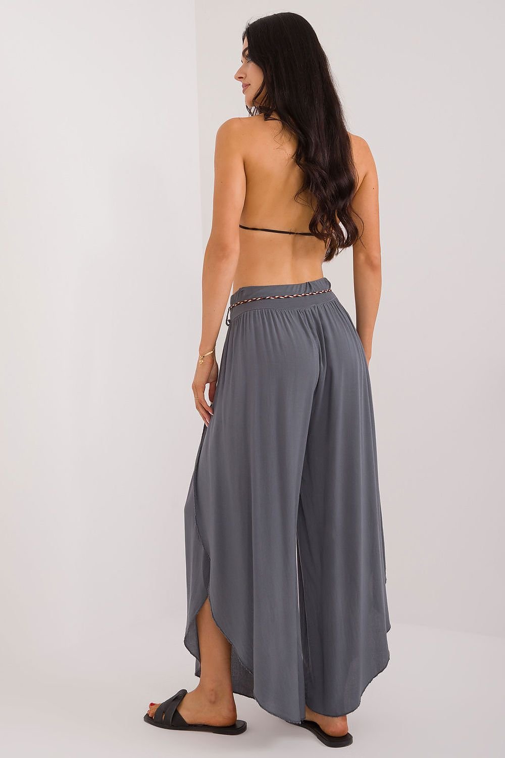 High-Waisted Boho-Style Seamed Pants with Wide Legs and Waist Tie