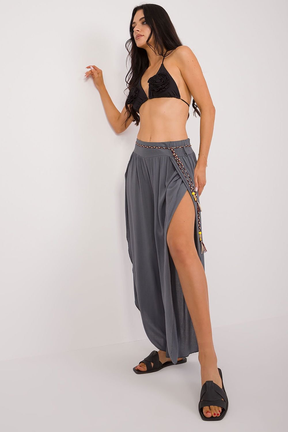 High-Waisted Boho-Style Seamed Pants with Wide Legs and Waist Tie