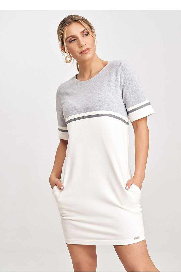 Two-Tone Cotton Mini Dress with Belt and Side Pockets - Ludowika 