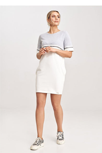 Two-Tone Cotton Mini Dress with Belt and Side Pockets