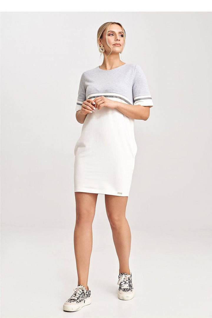 Two-Tone Cotton Mini Dress with Belt and Side Pockets - Ludowika 