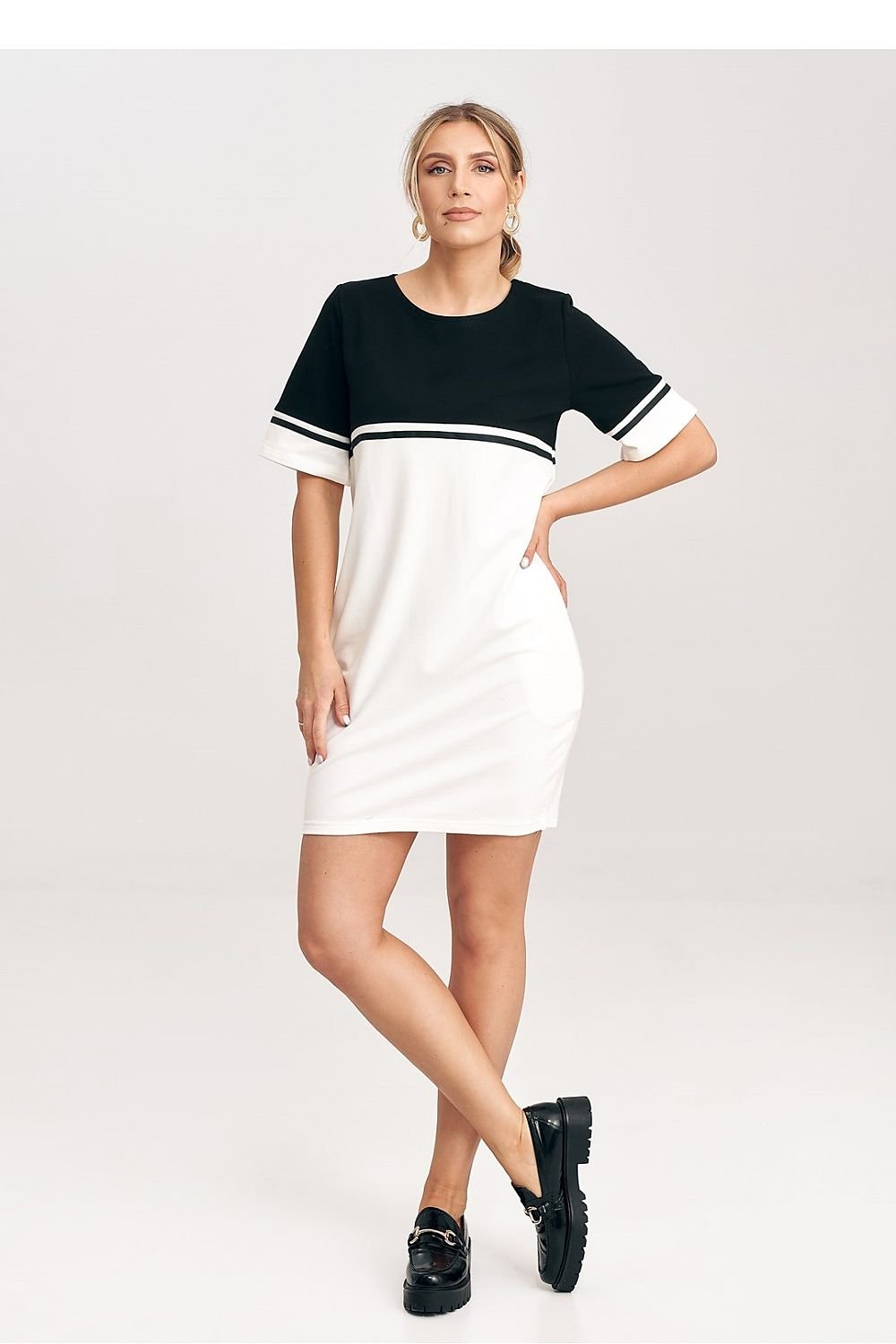 Two-Tone Cotton Mini Dress with Belt and Side Pockets