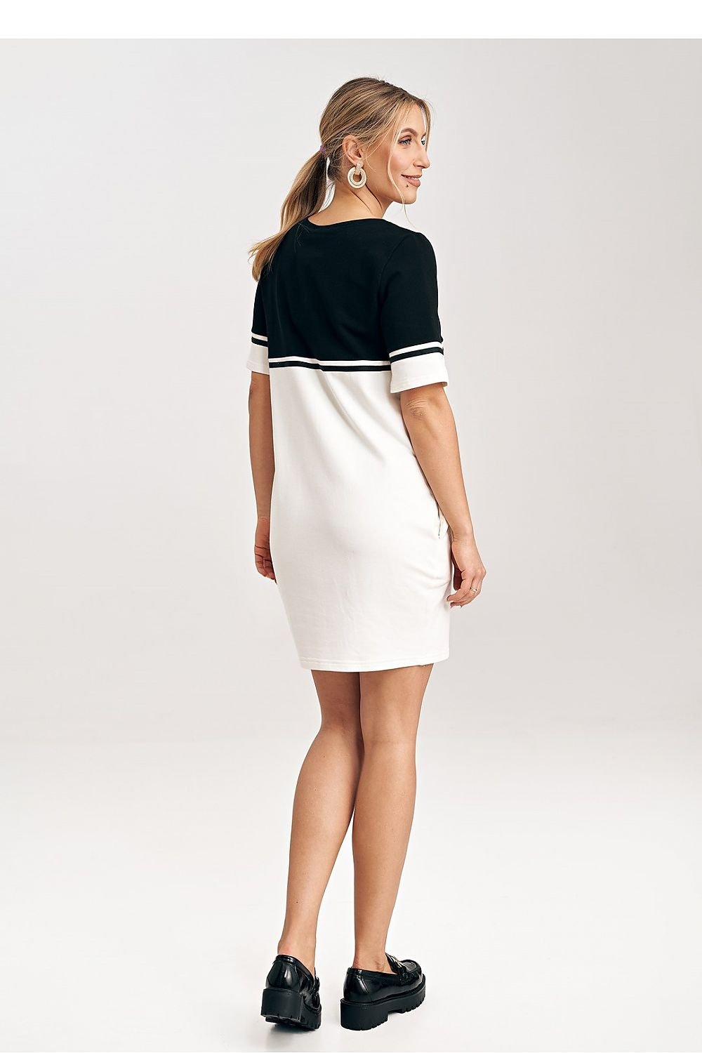 Two-Tone Cotton Mini Dress with Belt and Side Pockets