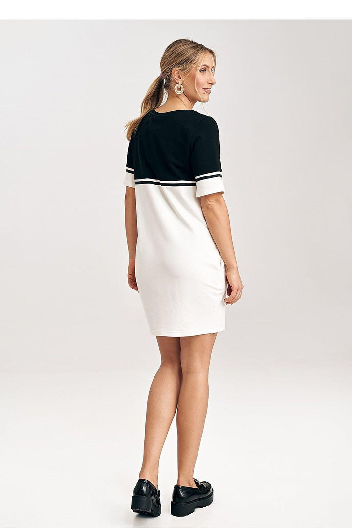 Two-Tone Cotton Mini Dress with Belt and Side Pockets - Ludowika 