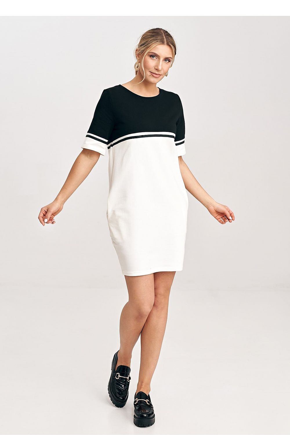 Two-Tone Cotton Mini Dress with Belt and Side Pockets