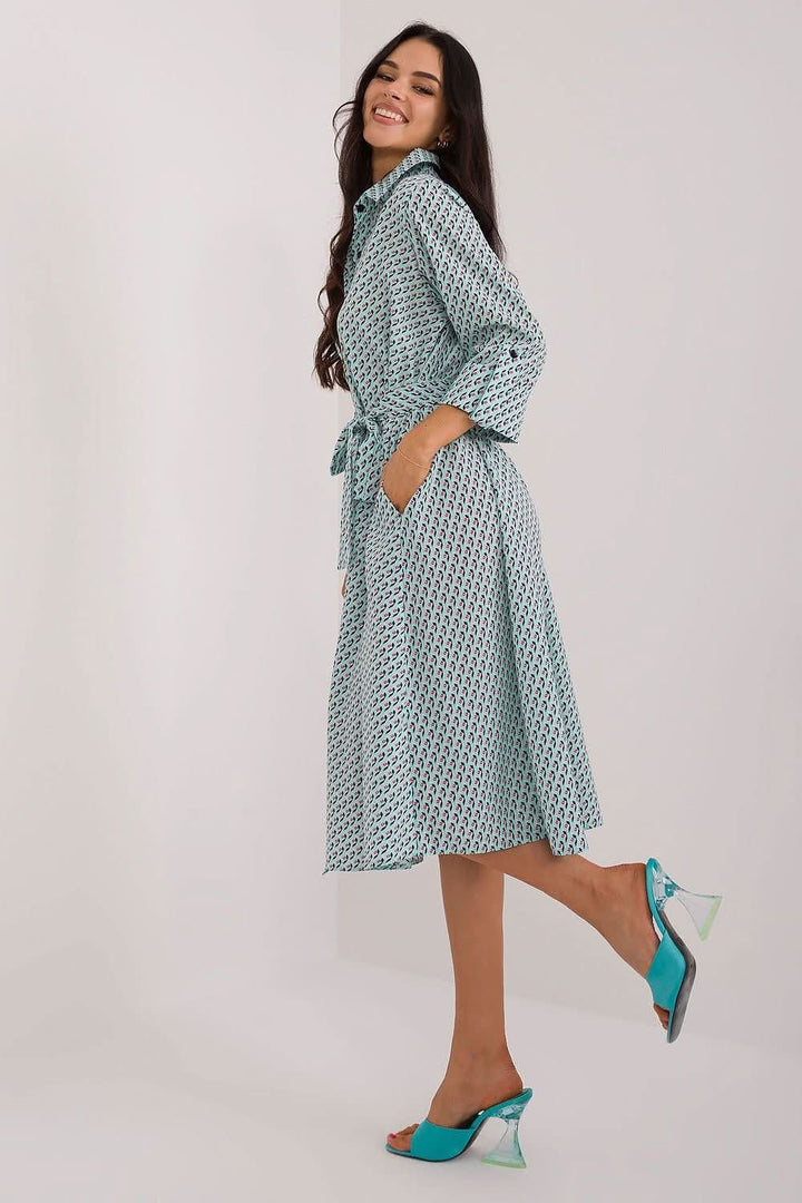 Shirt Dress with Flared Cut, 3/4 Sleeves, and Tie Belt - Ludowika 