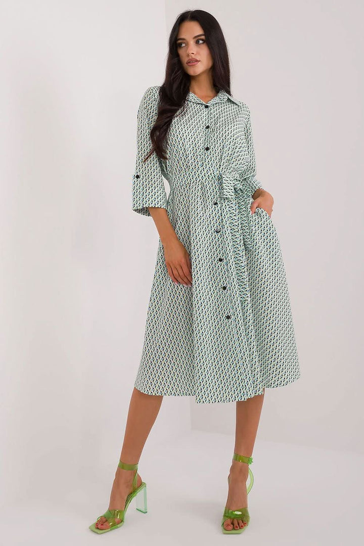Shirt Dress with Flared Cut, 3/4 Sleeves, and Tie Belt - Ludowika 