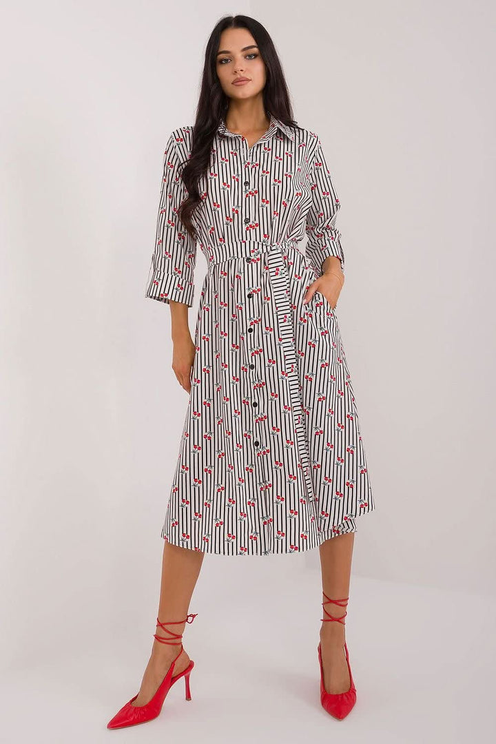 Shirt Dress with Flared Cut, 3/4 Sleeves, and Tie Belt - Ludowika 