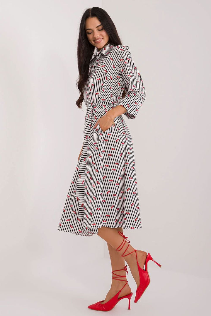 Shirt Dress with Flared Cut, 3/4 Sleeves, and Tie Belt - Ludowika 