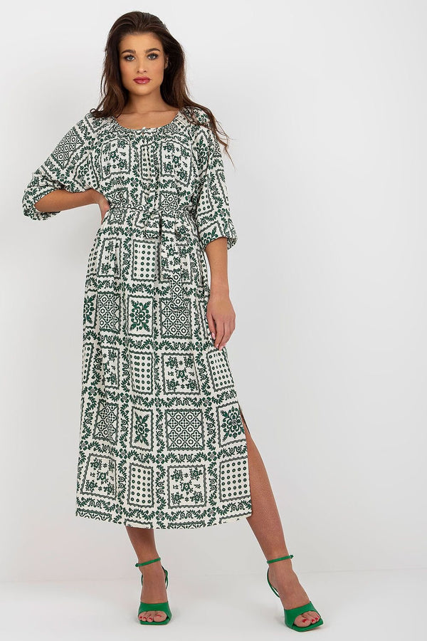 Robe mi-longue bohème à manches 3/4 et ceinture à nouer