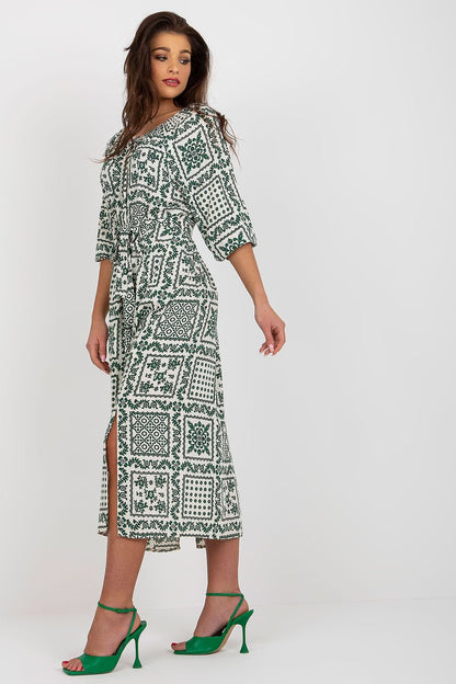 Boho Midi Dress with 3/4 Sleeves and Tie Belt