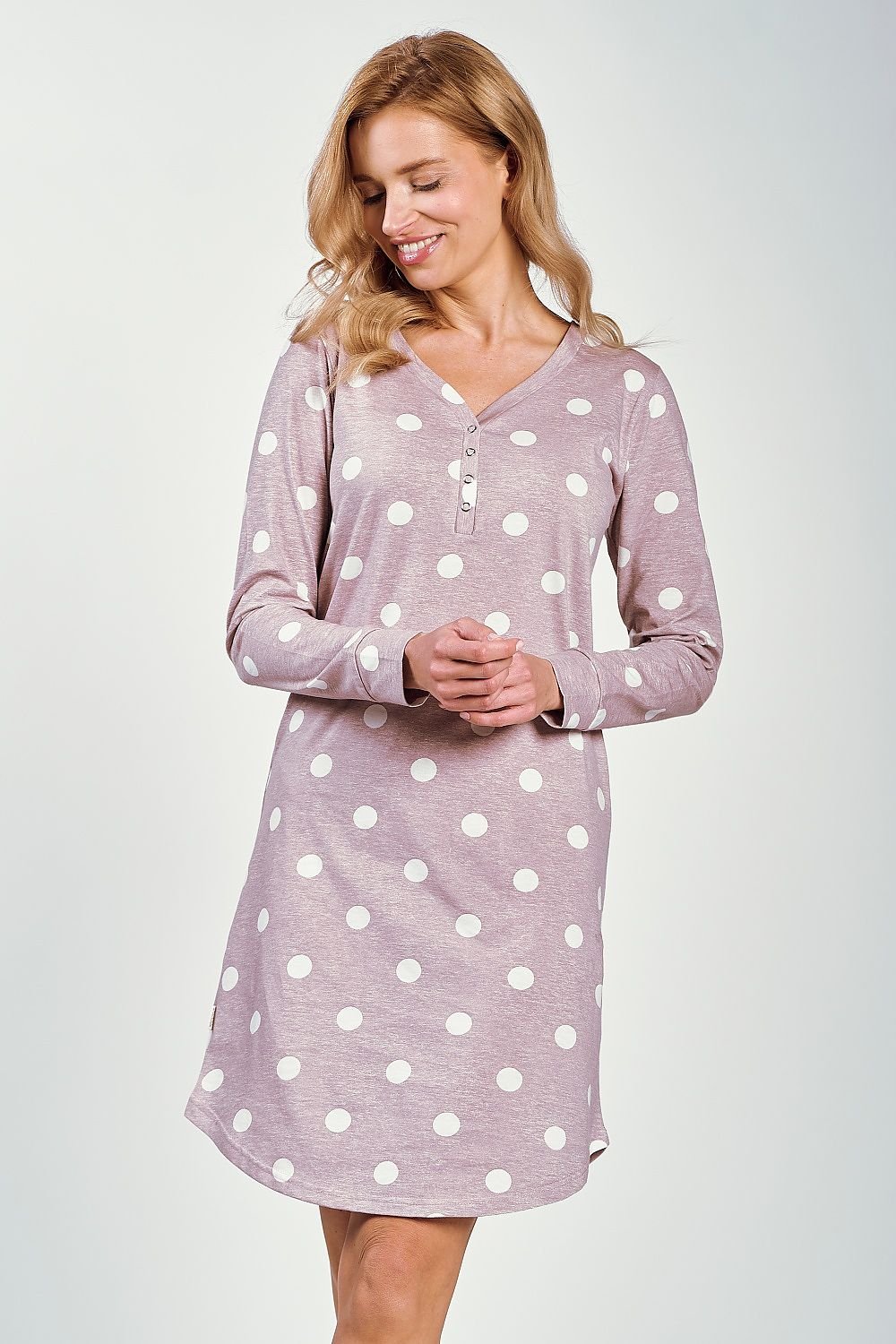 Hearts and Dots Printed V-Neck Nightgown with Long Sleeves