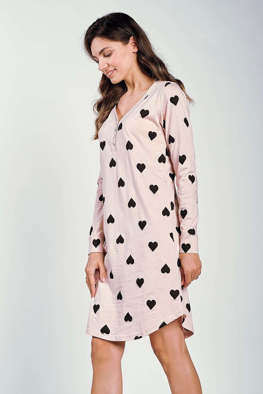 Hearts and Dots Printed V-Neck Nightgown with Long Sleeves