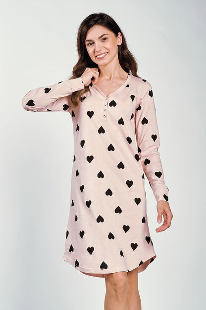 Hearts and Dots Printed V-Neck Nightgown with Long Sleeves