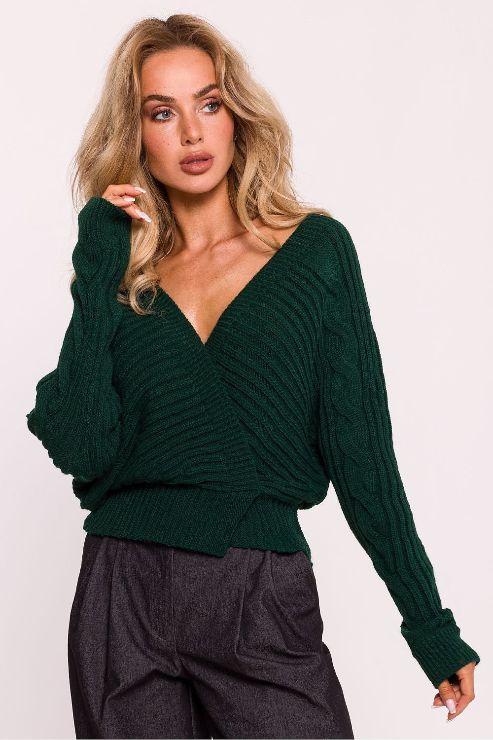 Ribbed Wrap-Over Sweater with Deep V-Neck