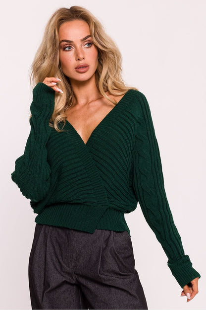 Ribbed Wrap-Over Sweater with Deep V-Neck