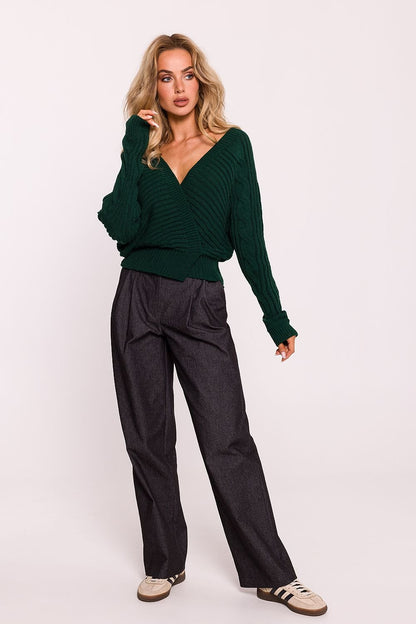 Ribbed Wrap-Over Sweater with Deep V-Neck