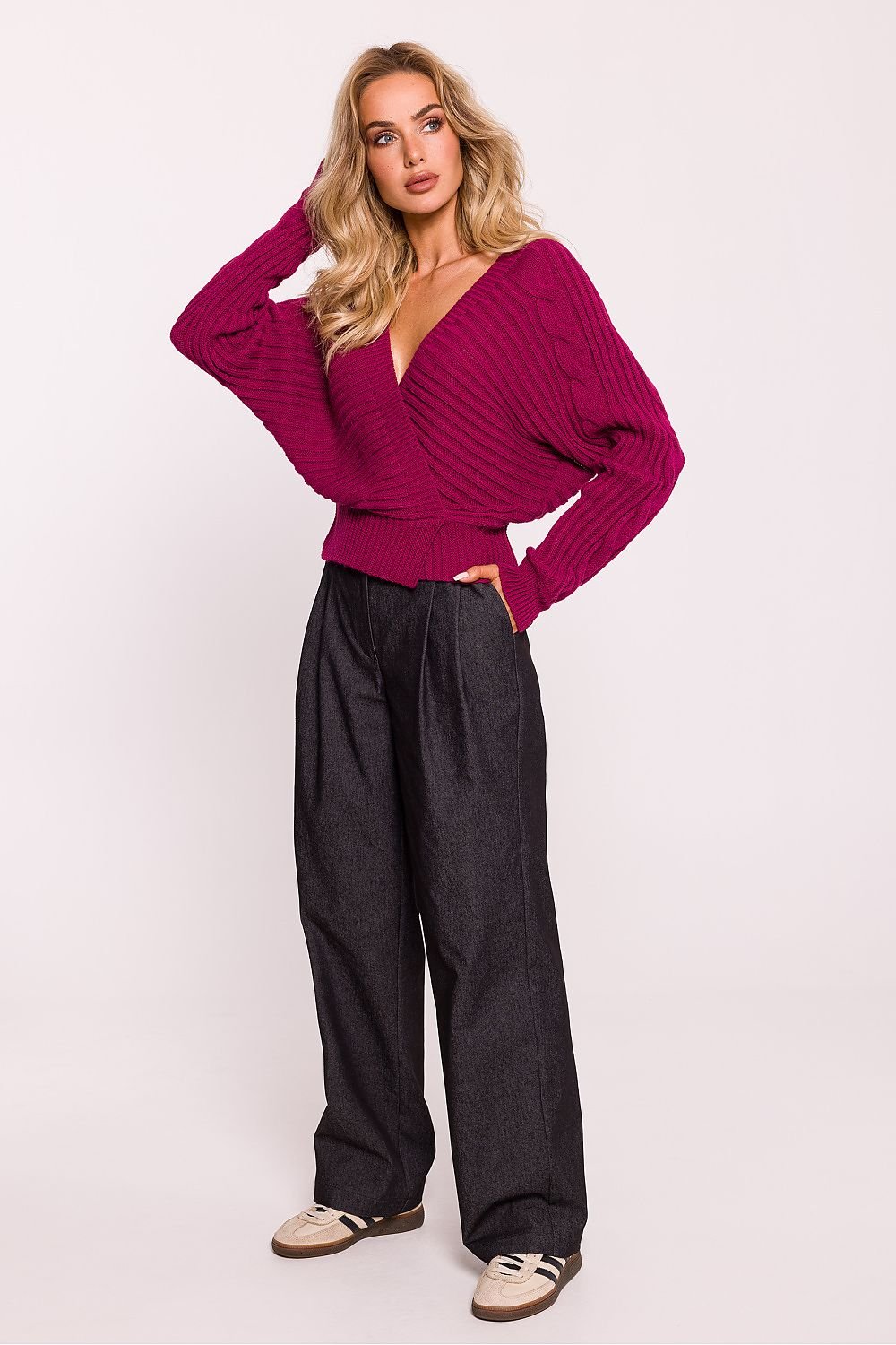 Ribbed Wrap-Over Sweater with Deep V-Neck