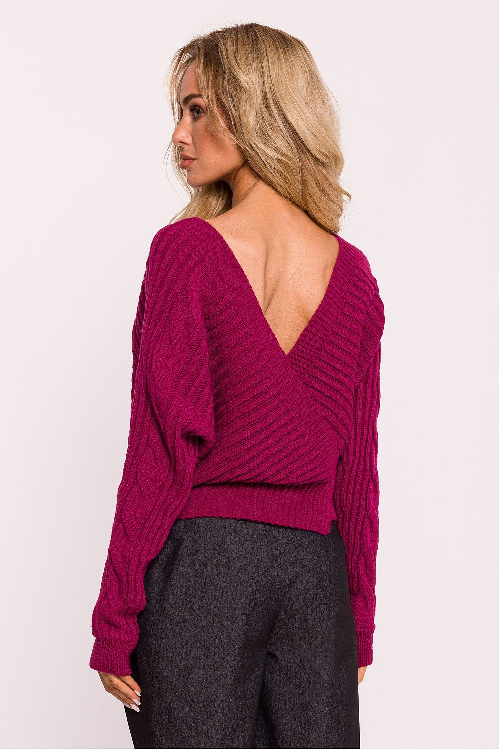 Ribbed Wrap-Over Sweater with Deep V-Neck