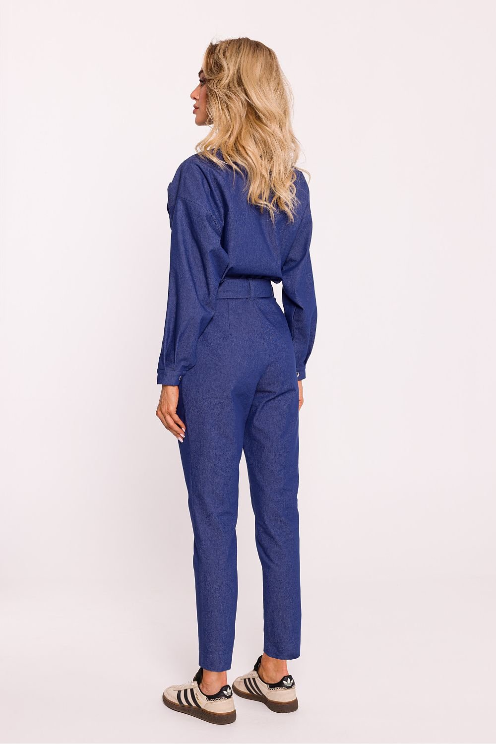 Cotton Wrap Jumpsuit with Collared Top, Tapered Legs, and Adjustable Belt