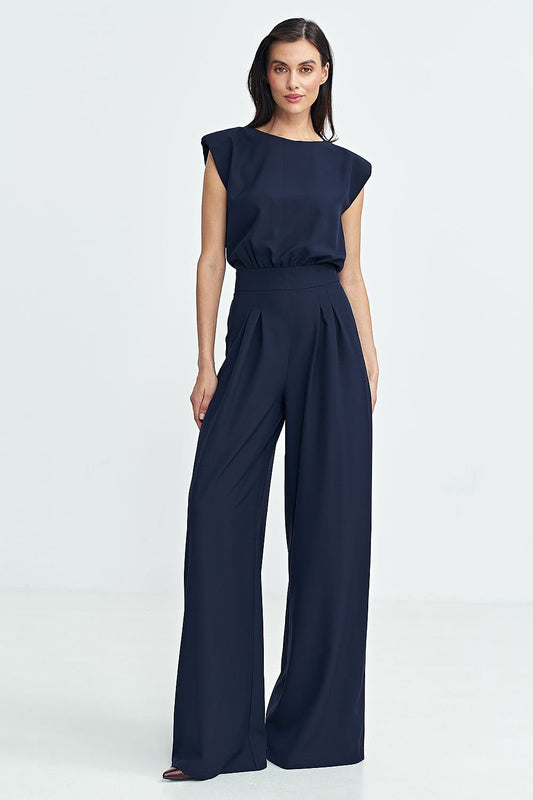 Elegant Boat Neck Jumpsuit with Shoulder Pads & Palazzo Pants - Ludowika 