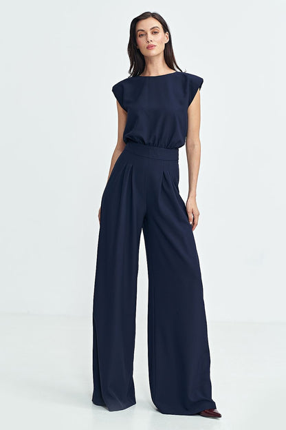 Elegant Boat Neck Jumpsuit with Shoulder Pads & Palazzo Pants - Ludowika 