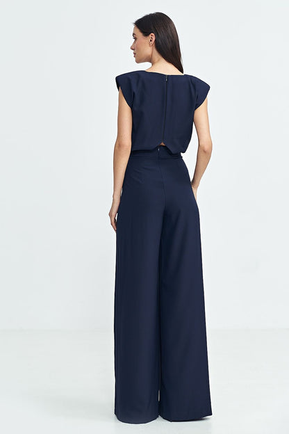 Elegant Boat Neck Jumpsuit with Shoulder Pads & Palazzo Pants - Ludowika 