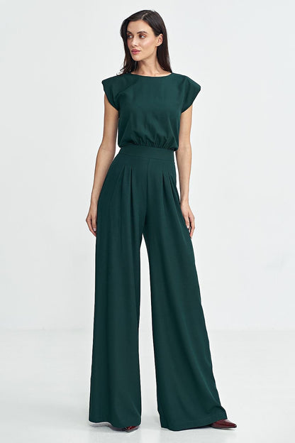 Elegant Boat Neck Jumpsuit with Shoulder Pads & Palazzo Pants - Ludowika 