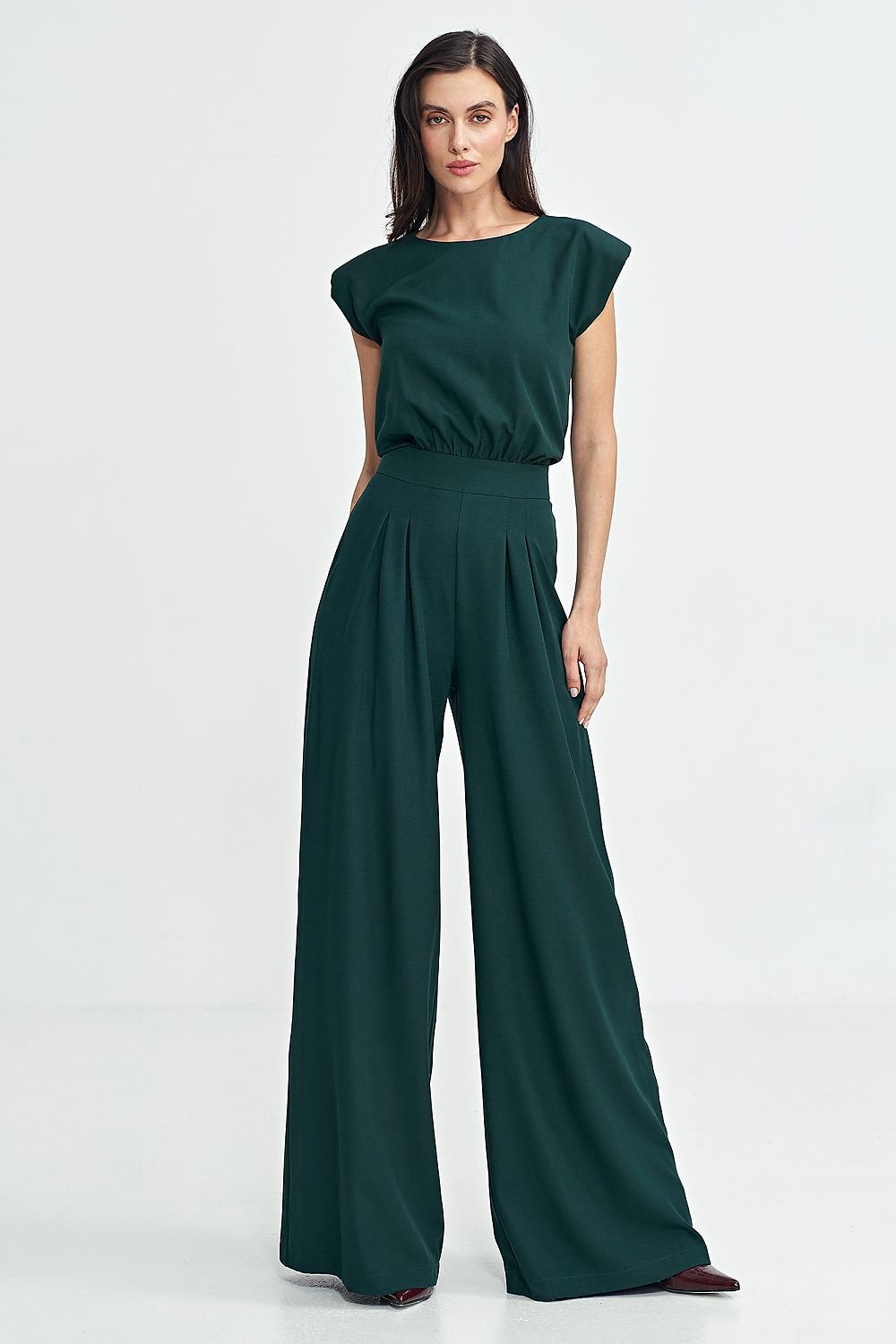 Elegant Boat Neck Jumpsuit with Shoulder Pads & Palazzo Pants - Ludowika 