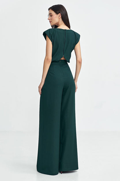 Elegant Boat Neck Jumpsuit with Shoulder Pads & Palazzo Pants - Ludowika 